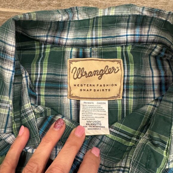 Wrangler Men’s XXL Green Plaid Western Pearl Snap Long Sleeve Shirt - Picture 4 of 5